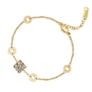 18K Gold Plated Stainless Steel Roman Numeral Bracelet CZ Accents Waterproof